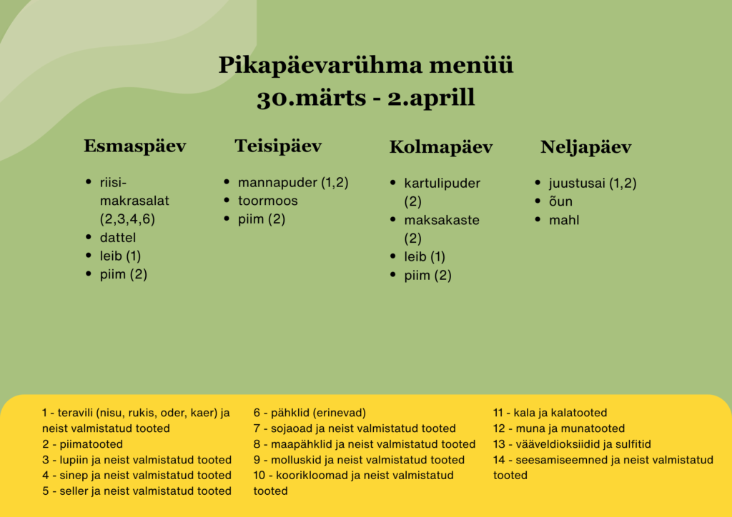 pikapäevarühma menüü 30.03-02.04